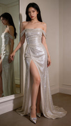 Bateau Capped Mermaid Sweep Train Split Front Sequins Luxury Evening Dress Y1139 by simplepromdress