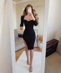 Bescheidenes figurbetontes Kleid mit Herzausschnitt, knielang, schwarz, Abendkleid für den Ball mit Seitenschlitz, Maßanfertigung Y948