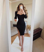 Bescheidenes figurbetontes Kleid mit Herzausschnitt, knielang, schwarz, Abendkleid für den Ball mit Seitenschlitz, Maßanfertigung Y948