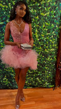 Vestido Bonito de Cuello en V Rosa Corto para el Baile de Bienvenida y Faldón de Tul con Volantes Rosa, Traje de Cumpleaños  Y762
