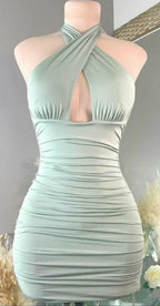 Vestido ajustado con escote halter cruzado, atuendo sexy para cumpleaños, vestido mini para fiesta de bienvenida Y952