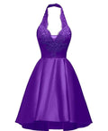 Trägerausschnitt Deep V Satin Applikationen Lila Rückenfreies Plissiertes A-Linie Abschlussballkleid Y854