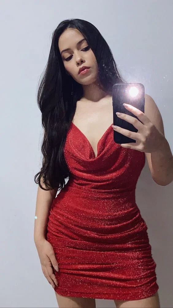 Glitzer Rot Mini Homecoming Kleid Spaghetti-Träger Abschlusskleider Y629