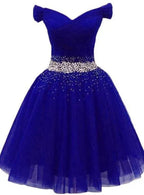Charmantes königsblaues Tüll-Partykleid Perlenbesetztes kurzes Homecoming-Kleid Y675