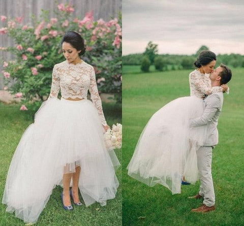 Vestidos de noiva NumberSea 2019, duas peças, saia de tule alta e baixa, top de renda, mangas compridas, vestido de noiva para mulher, robe de mariee novia mariage