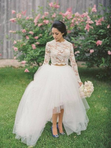 NumberSea Wedding Dresses 2019 Two Pieces High Low Tulle Skirt Lace Top Long Sleeves Crew Women Bridal Gown robe de mariee novia mariage
