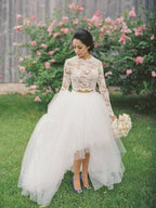 NumberSea Wedding Dresses 2019 Two Pieces High Low Tulle Skirt Lace Top Long Sleeves Crew Women Bridal Gown robe de mariee novia mariage