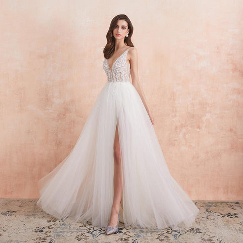 NumberSea V-Ausschnitt Brautkleid Weiß Elfenbein Sexy High Splits Perlen Perlen Kristall A-Linie Rückenfreies Brautkleid Vestido De Noiva