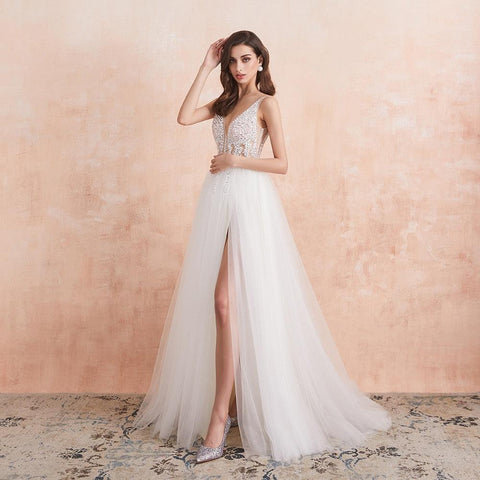 NumberSea V-Ausschnitt Brautkleid Weiß Elfenbein Sexy High Splits Perlen Perlen Kristall A-Linie Rückenfreies Brautkleid Vestido De Noiva