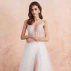 NumberSea V Neck Wedding Dress White Ivory Sexy High Splits Beaded Beading Pearls Crystal A Line Backless Bridal Gown Vestido De Noiva
