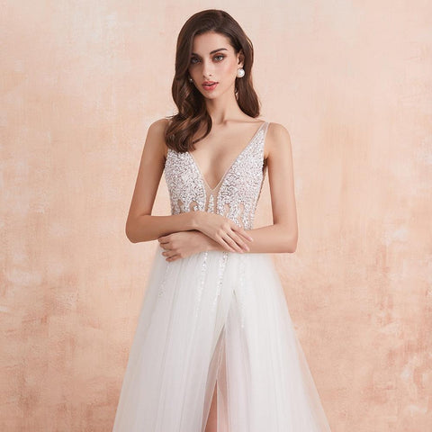 NumberSea V-Ausschnitt Brautkleid Weiß Elfenbein Sexy High Splits Perlen Perlen Kristall A-Linie Rückenfreies Brautkleid Vestido De Noiva