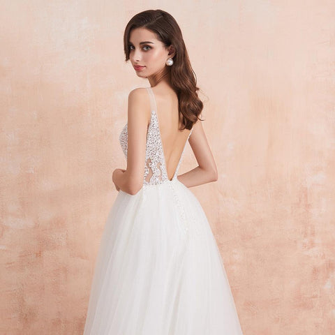 NumberSea V-Ausschnitt Brautkleid Weiß Elfenbein Sexy High Splits Perlen Perlen Kristall A-Linie Rückenfreies Brautkleid Vestido De Noiva