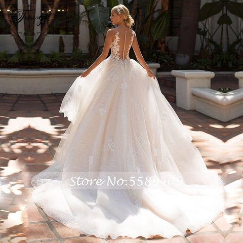 NumberSea Traugel Chic Scoop A-Linie Spitze Brautkleider Elegante Applikation Flügelärmeln Knopf Brautkleid Hofschleppe Brautkleid Übergröße