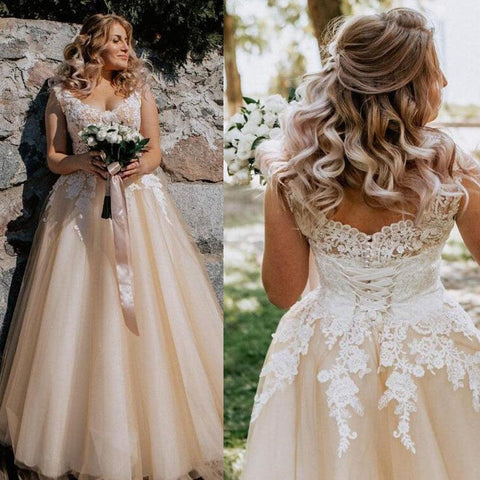 NumberSea Vestido de noiva comprido, elegante, com decote em V, aplicações em renda, manga curta, corte A, com pérolas e renda, champanhe