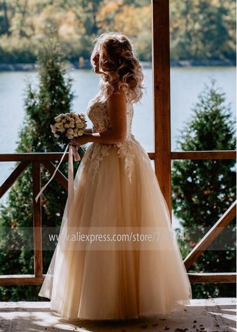 NumberSea Vestido de noiva comprido, elegante, com decote em V, aplicações em renda, manga curta, corte A, com pérolas e renda, champanhe