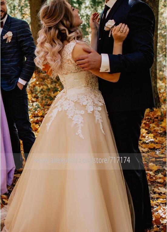 NumberSea V-neck Lace Applique Cap Sleeve Long Elegant A-line Wedding Dress with Lace-up Pearls Champagne Bridal Dress vestido de novia