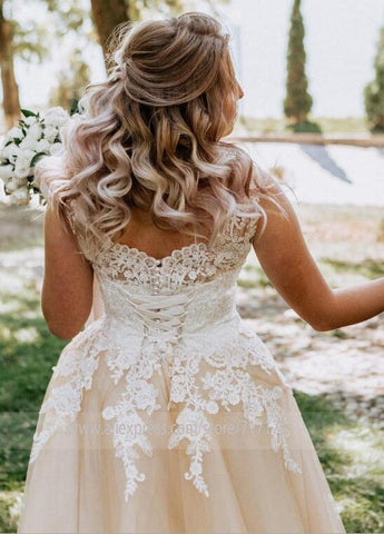 NumberSea Vestido de noiva comprido, elegante, com decote em V, aplicações em renda, manga curta, corte A, com pérolas e renda, champanhe