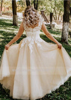 NumberSea V-neck Lace Applique Cap Sleeve Long Elegant A-line Wedding Dress with Lace-up Pearls Champagne Bridal Dress vestido de novia