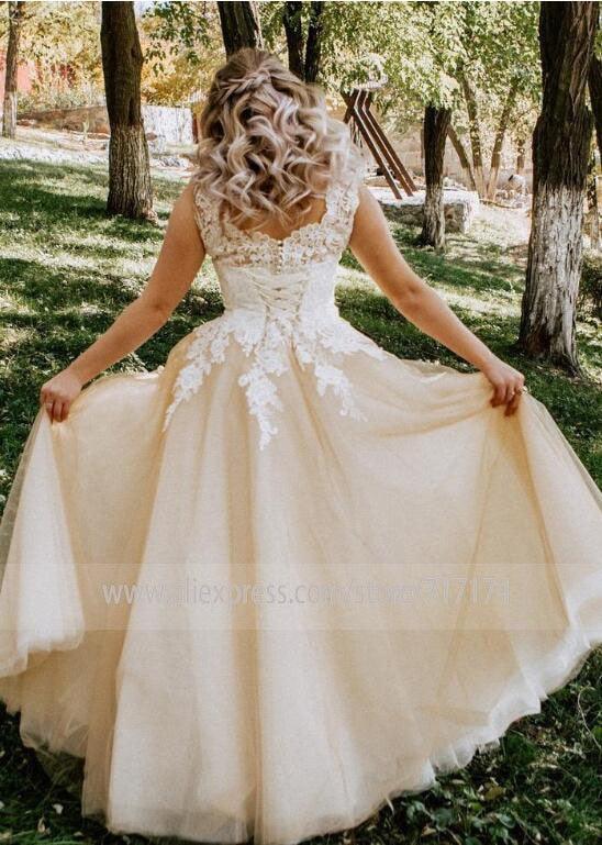 NumberSea V-neck Lace Applique Cap Sleeve Long Elegant A-line Wedding Dress with Lace-up Pearls Champagne Bridal Dress vestido de novia