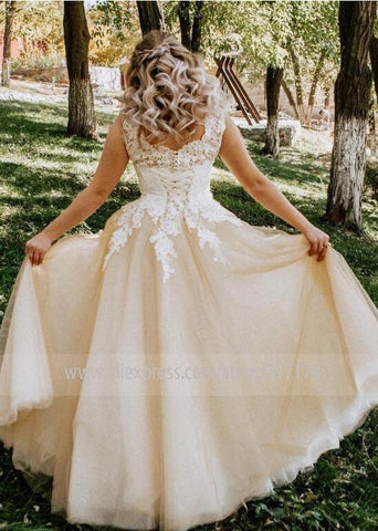 NumberSea Vestido de noiva comprido, elegante, com decote em V, aplicações em renda, manga curta, corte A, com pérolas e renda, champanhe