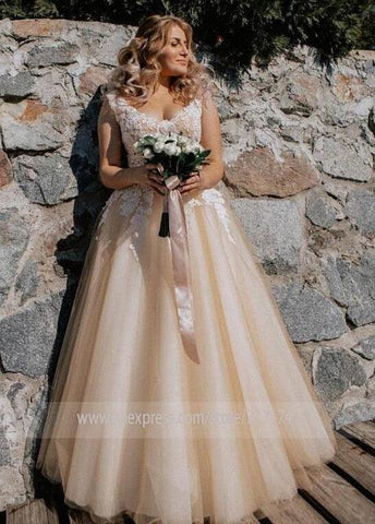 NumberSea Vestido de noiva comprido, elegante, com decote em V, aplicações em renda, manga curta, corte A, com pérolas e renda, champanhe
