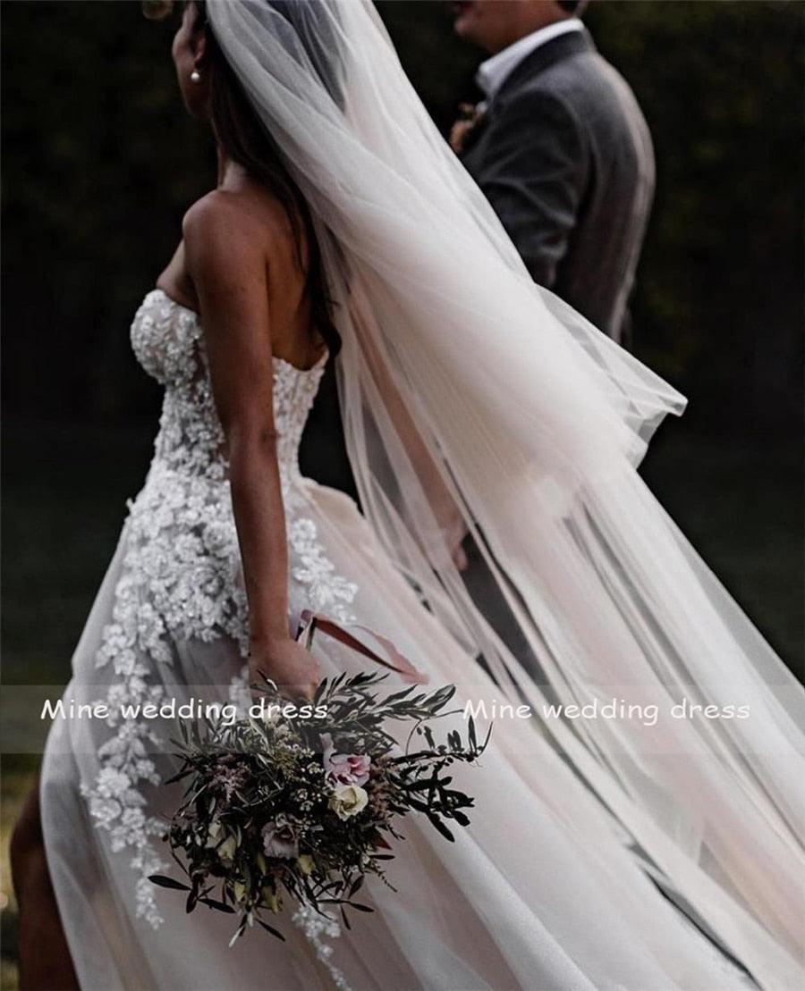 Vestidos de Noiva NumberSea com Apliques de Flores 3D e Renda Transparente, Sem Alças, Tule Dividido, Cinza Escuro, Prateado, Praia, Boho, Vestidos de Noiva com Cristais