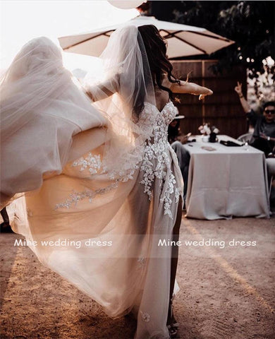 Vestidos de Noiva NumberSea com Apliques de Flores 3D e Renda Transparente, Sem Alças, Tule Dividido, Cinza Escuro, Prateado, Praia, Boho, Vestidos de Noiva com Cristais