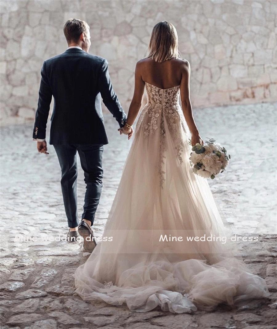 Vestidos de Noiva NumberSea com Apliques de Flores 3D e Renda Transparente, Sem Alças, Tule Dividido, Cinza Escuro, Prateado, Praia, Boho, Vestidos de Noiva com Cristais