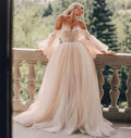 NumberSea Abito da Sposa Ball Gown con Maniche a Palloncino Lunghe Champagne Spalle Scoperte Abito da Sposa Brillante robe de mariée bohème vestidos de novia