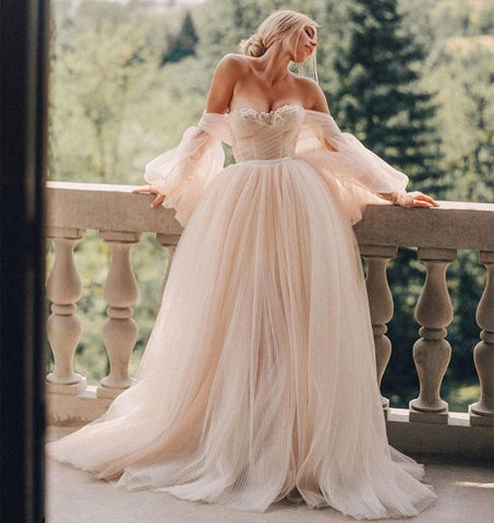 Numbersea vestido de casamento vestidos de baile manga comprida puff champanhe fora do ombro brilhante brdal vestidos robe de mariée bohème vestidos de novia