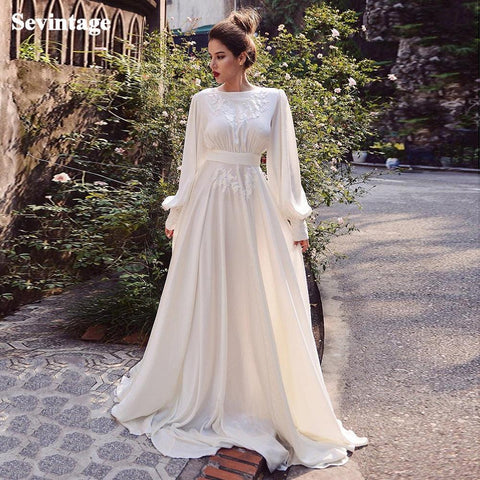 NumberSea Schlichte A-Linie Brautkleider aus weichem Satin, Boho-Spitzenapplikationen, lange Puffärmel, Brautkleid, Vintage-Hochzeitspartykleider 2021