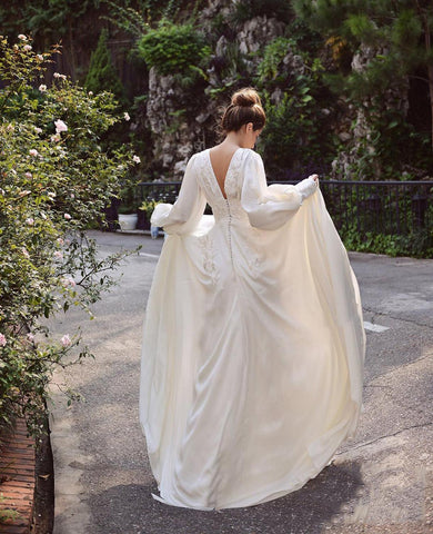 NumberSea Schlichte A-Linie Brautkleider aus weichem Satin, Boho-Spitzenapplikationen, lange Puffärmel, Brautkleid, Vintage-Hochzeitspartykleider 2021