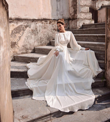NumberSea Schlichte A-Linie Brautkleider aus weichem Satin, Boho-Spitzenapplikationen, lange Puffärmel, Brautkleid, Vintage-Hochzeitspartykleider 2021