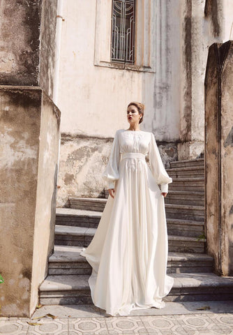 NumberSea Schlichte A-Linie Brautkleider aus weichem Satin, Boho-Spitzenapplikationen, lange Puffärmel, Brautkleid, Vintage-Hochzeitspartykleider 2021