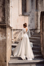 NumberSea Simple A-Line Soft Satin Wedding Dresses Boho Lace Appliques Long Puff Sleeves Bridal Gown Vintage Wedding Party Gowns 2021