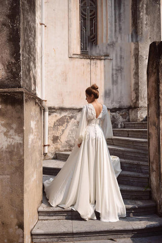 NumberSea Schlichte A-Linie Brautkleider aus weichem Satin, Boho-Spitzenapplikationen, lange Puffärmel, Brautkleid, Vintage-Hochzeitspartykleider 2021