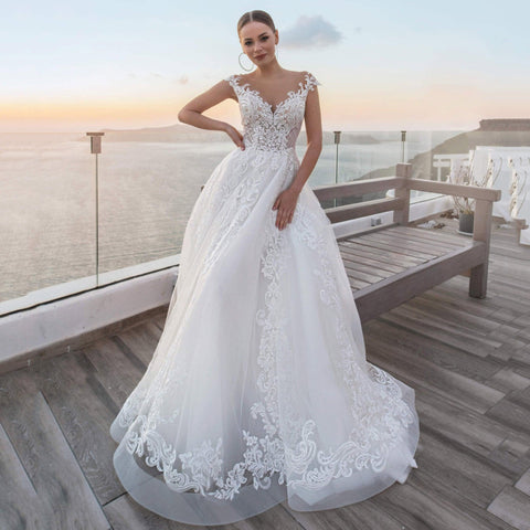 NumberSea Tüll Brautkleid Neue A-Linie Volle Spitze Appliques Brautkleider Oansatz Ärmelloses vestido de noiva Rückenfrei Bodenlangen Taste