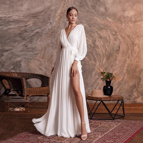 NumberSea Schlichtes Brautkleid, sexy V-Ausschnitt, lange Ärmel, schlichtes Chiffon-A-Linien-Strandhochzeitskleid, Seitenschlitz, Brautkleider