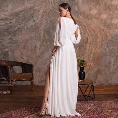 NumberSea Schlichtes Brautkleid, sexy V-Ausschnitt, lange Ärmel, schlichtes Chiffon-A-Linien-Strandhochzeitskleid, Seitenschlitz, Brautkleider