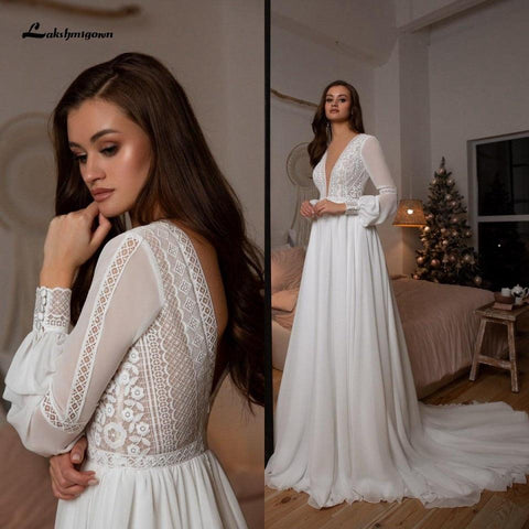 NumberSea Vestidos Boho Braut Langarm Brautkleider A-linie 2021 Robe Longue Einfache Strand Chiffon Lange Brautkleider Tiefem V-ausschnitt