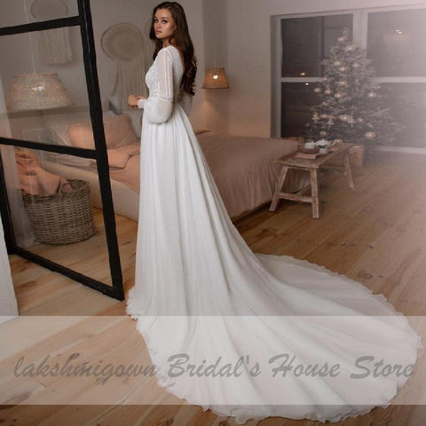 NumberSea Vestidos Boho Braut Langarm Brautkleider A-linie 2021 Robe Longue Einfache Strand Chiffon Lange Brautkleider Tiefem V-ausschnitt