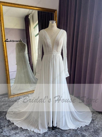 NumberSea Vestidos Boho Braut Langarm Brautkleider A-linie 2021 Robe Longue Einfache Strand Chiffon Lange Brautkleider Tiefem V-ausschnitt