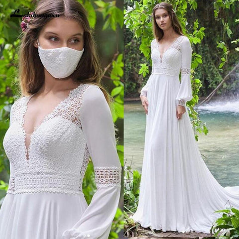 NumberSea Vintage Lange Puffärmel Brautkleid Spitze und Chiffon A-Linie Brautkleider Rückenfrei Sexy Boho Brautkleid 2021 Neuankömmling