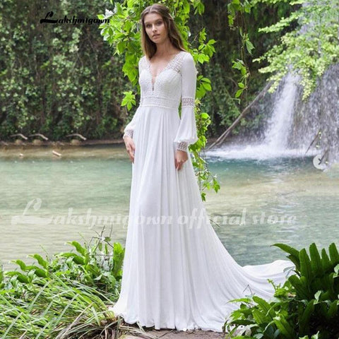 NumberSea Vintage Lange Puffärmel Brautkleid Spitze und Chiffon A-Linie Brautkleider Rückenfrei Sexy Boho Brautkleid 2021 Neuankömmling