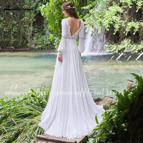 NumberSea Vintage Lange Puffärmel Brautkleid Spitze und Chiffon A-Linie Brautkleider Rückenfrei Sexy Boho Brautkleid 2021 Neuankömmling