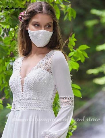 NumberSea Vintage Lange Puffärmel Brautkleid Spitze und Chiffon A-Linie Brautkleider Rückenfrei Sexy Boho Brautkleid 2021 Neuankömmling