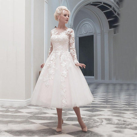 NumberSea vestido de noiva Ballkleid Bateau Appliques Langarm Brautkleider Neue Günstige Kundenspezifische Kurze Brautkleider