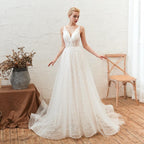 NumberSea Sexy V Neck Sleeveless Lace Wedding Dresses Vestido De Noiva Backless A Line Sweep Train Cheap Bridal Gown