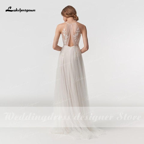 NumberSea Vintage Halter Neck Boho Strand Brautkleider vestido de novia 2021 Spitze Bohemian A-linie Weiche Tüll Brautkleid Ärmelloses