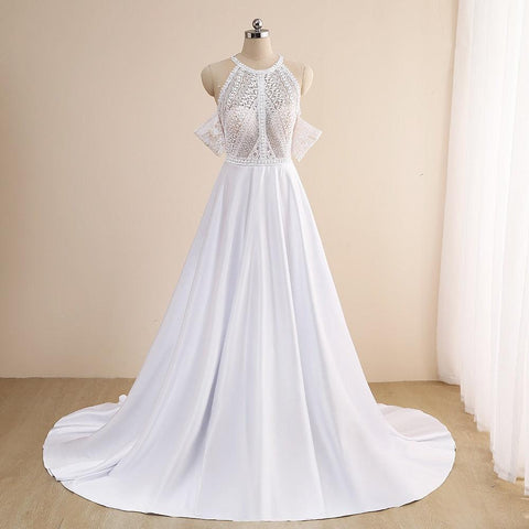 NumberSea Einfache A-Linie Brautkleider Sexy Illusion O-Ausschnitt Schulterfrei Knopf Cut-Out Spitze Appliziert Neu 2021 Lange Brautkleider Custom